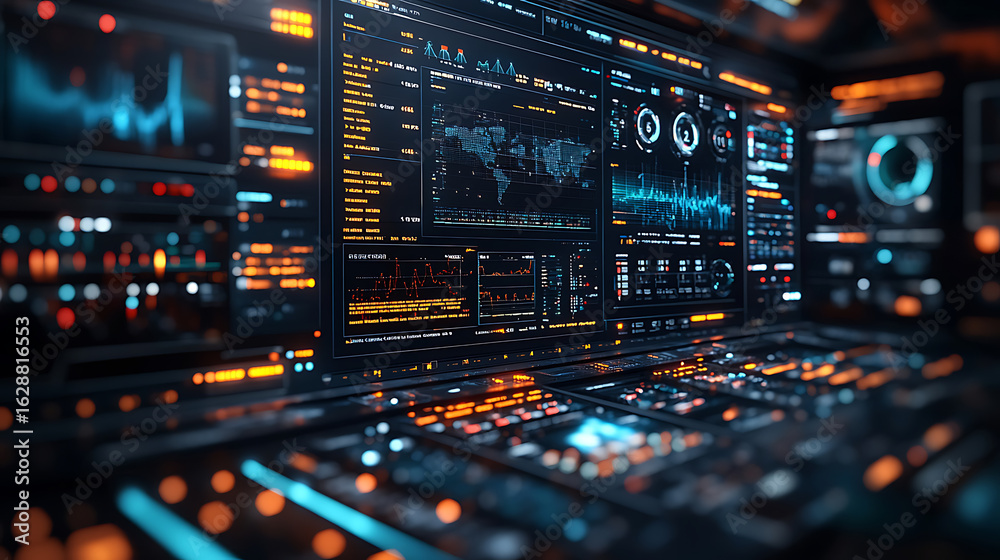 Obraz premium Futuristic Digital Dashboard Interface Global Data Visualization and Control Panel