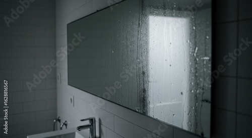 Bathroom mirror reflecting a misty door