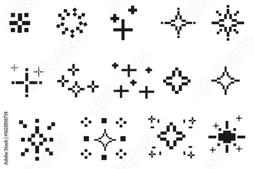 Pixel sparkle icon set in black on white background with various glowing star and twinkle symbol designs