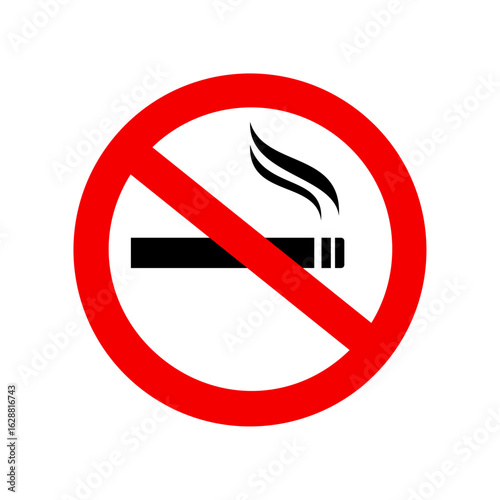 No smoking sign with red prohibition circle over cigarette icon and smoke on white background