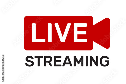 Live streaming icon with red video camera symbol and bold text for broadcast and online media content