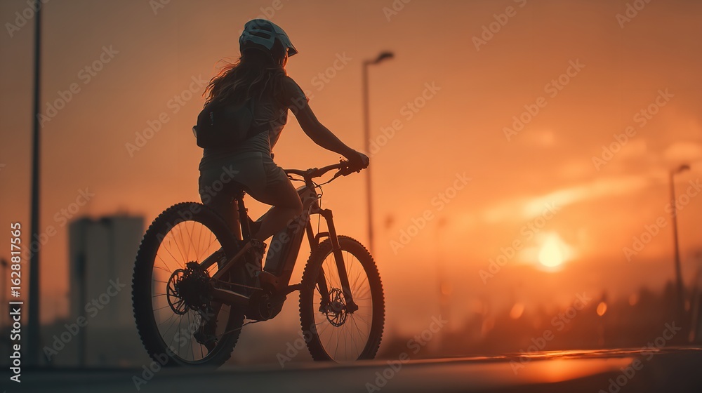 Obraz premium A lone cyclist pursues freedom during golden hour ride with fiery sunset on transparent background