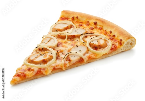 Classic thin crust pizza slice topped with grilled chicken, onions, and melted cheese, isolated on a white surface with clean,  white background.