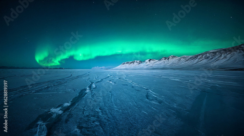 A vast landscape of snowy, icy plains stretches out against a backdrop of snow-capped mountains. Bright green northern lights illuminate the night sky.