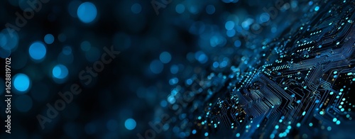 Circuit board with bokeh effect creating a high tech modern background.