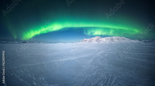 A vast landscape of snowy, icy plains stretches out against a backdrop of snow-capped mountains. Bright green northern lights illuminate the night sky.