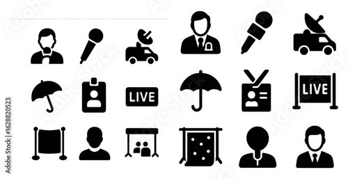 Broadcast and media solid icons set – communication, news symbols