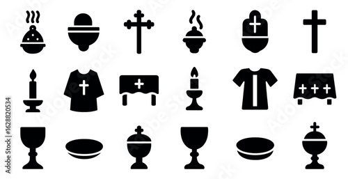 Christian religious solid icons set – silhouette, filled, church and faith symbols