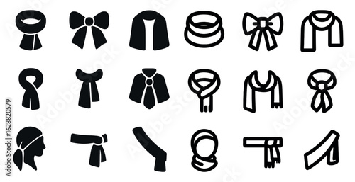 Scarf and fashion accessory icons set – solid, filled, clothing and style symbols