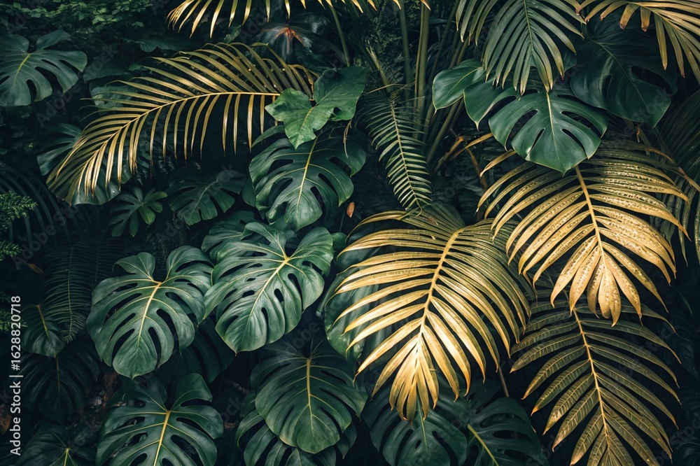 Fototapeta premium Tropical leaf background with vivid, high contrast greens 