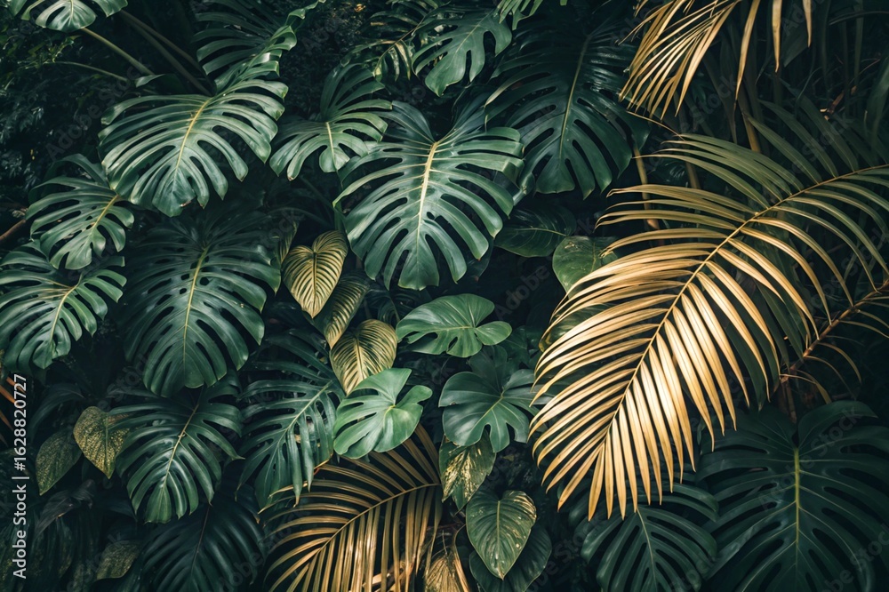 Naklejka premium Tropical leaf background with vivid, high contrast greens 