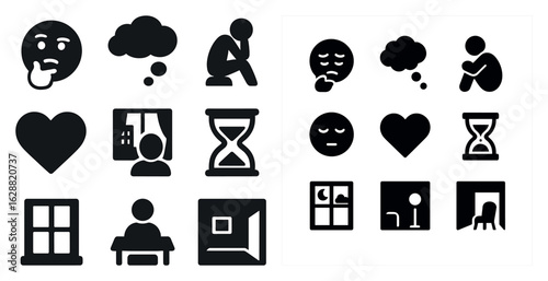 Emotions and thoughts silhouette icons set – solid, filled, mood and mindset symbols