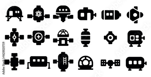 Space exploration icons set – solid style, space, astronomical, celestial symbols