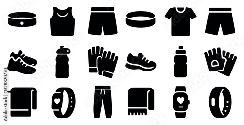 Fitness and gym solid icons set – workout, flat, exercise and training symbols