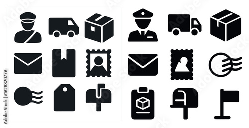 Postal service silhouette icons set - solid, filled, mail and delivery symbols