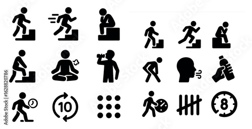 Fitness and health silhouette icons set – exercise, wellness, activity symbols