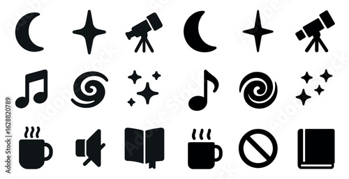Astronomy and music solid icons set – filled, silhouette, celestial and audio symbols