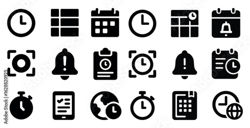 Time management solid icons set – filled, calendar and clock symbols for scheduling