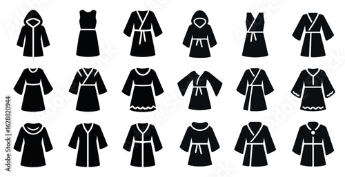 Fashion and clothing silhouette icons set – outline, flat, apparel and wardrobe symbols