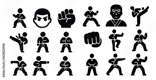 Martial arts silhouette icons set – karate, taekwondo, fighter symbols