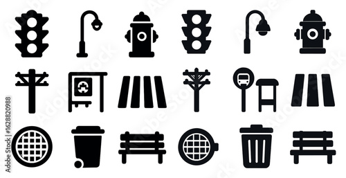 Urban infrastructure silhouette icons set – city, street, municipal symbols