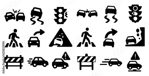 Traffic and road safety solid icons set – silhouette, filled, transportation symbols