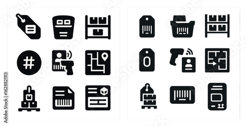 Inventory and logistics solid icons set – flat, filled, supply chain and warehouse tools