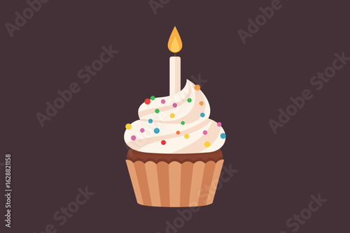 Cupcake Illustration with Candle on a Dark Background