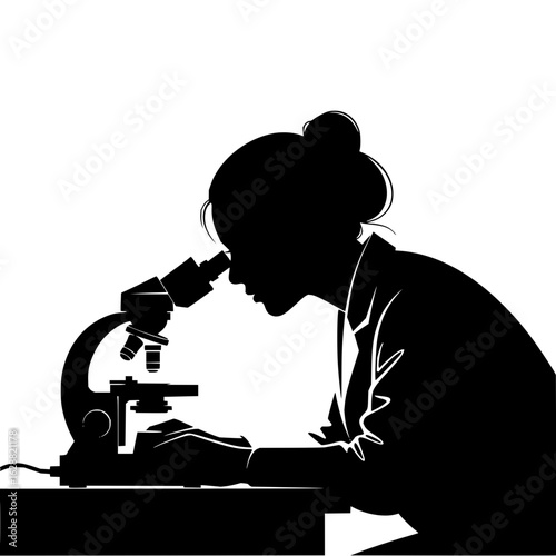 Silhouette of woman scientist using microscope biology research lab science experiment analysis medical discovery