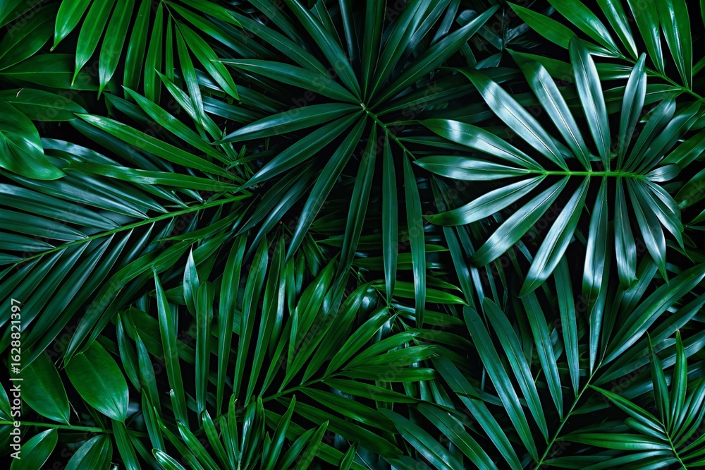 Fototapeta premium Tropical leaf background with vivid, high contrast greens