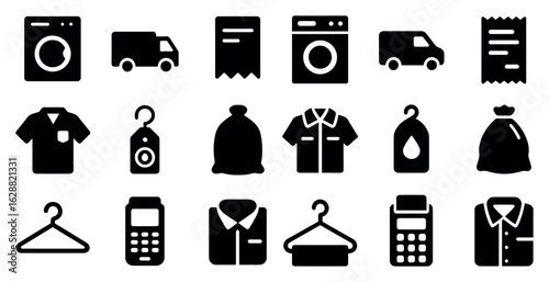 Laundry and cleaning solid icons set – flat, filled, garment and housekeeping symbols