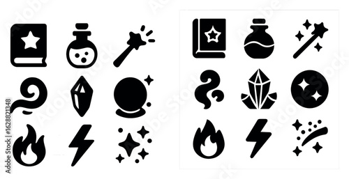 Magic and fantasy solid icons set – filled, mystical, enchanted symbols and objects