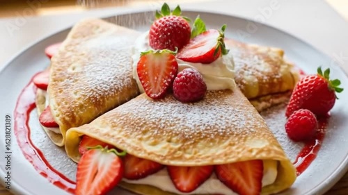 French crepes folded with strawberries and cream