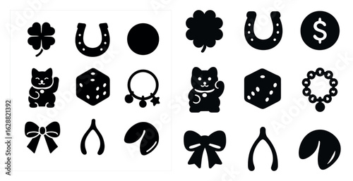 Good luck and fortune icons set - solid, silhouette, charm and prosperity symbols