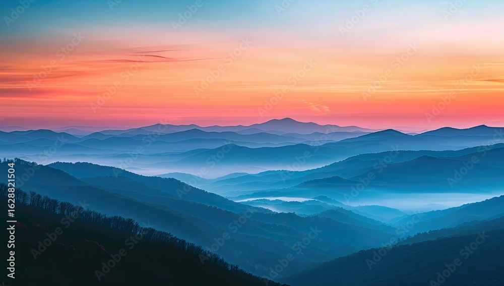 Majestic sunrise over misty mountain range, aerial view.  Travel poster