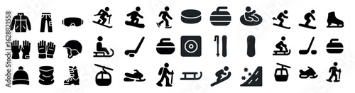 Winter sports solid icons set – flat, filled, skiing and snowboarding symbols