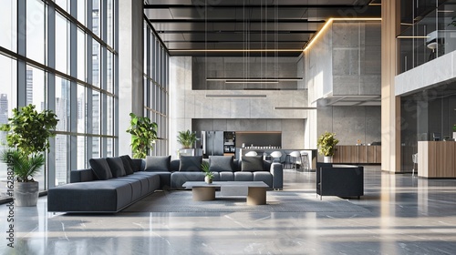 Modern lobby with gray sectional sofa, marble floors, and city view through large windows