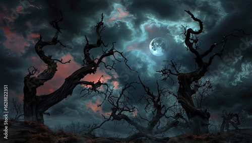 Twisted dead trees under stormy night sky, Halloween backdrop
