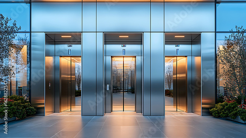 Modern Sleek Elevator Bank in a Contemporary Glass and Steel Building