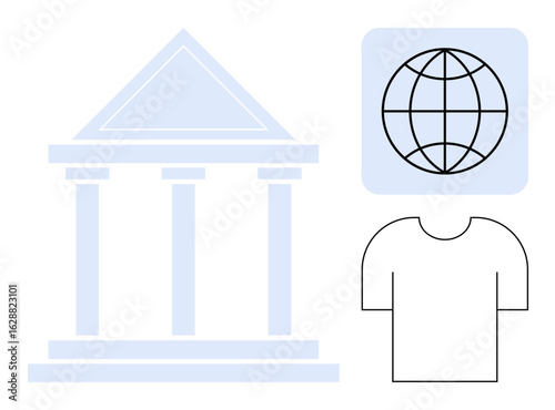 Classical building with pillars next to a globe icon and T-shirt outline. Ideal for education, culture, global connection, sustainability, heritage, tourism, design. Simple flat metaphor