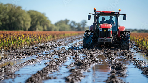 Powerful Tractor in Muddy Rice Paddy Field