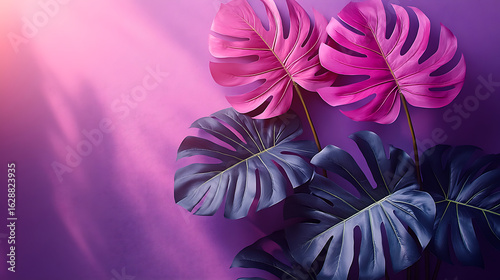 Vibrant Pink and Purple Monstera Leaves on Purple Background with Sunlit Shadows