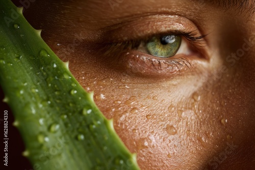 close-up of human eye gazing beside aloe vera leaf, skin with water droplets for fresh hydration, macro shot for natural beauty and skincare, concept of skincare, cosmetics, wellness clinic