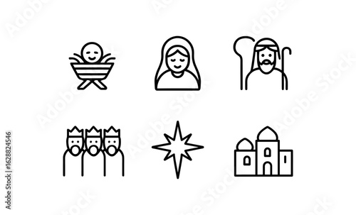 Simple nativity icons: baby, mary, joseph, wise men, star, stable