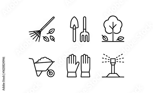 Garden tools and plants icon set: minimalist line art for landscaping projects