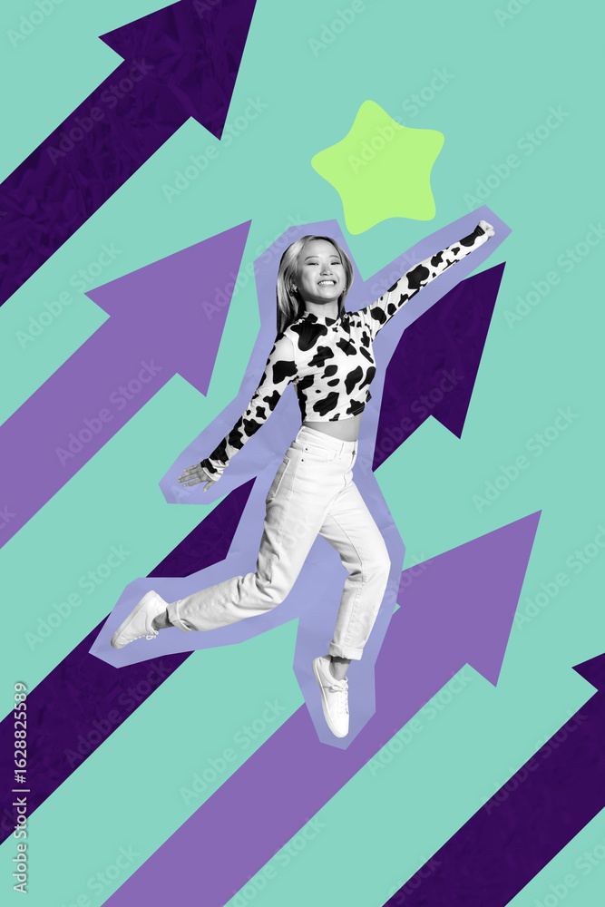 Obraz premium Zine creative vertical photo collage of happy businesswoman receive arrow development progress statistics best star reputation
