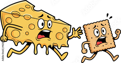 Funny Cartoon Cheese Chasing Scared Cracker – Hilarious Snack Food Characters Vector Illustration