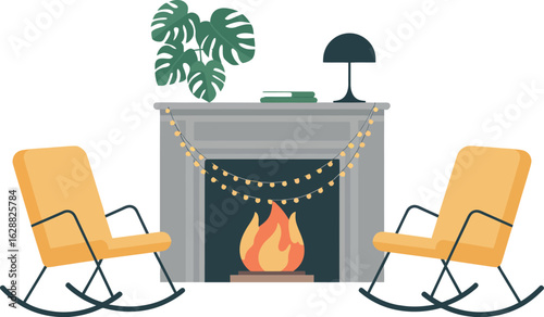Cozy living room with a warm fireplace and two rocking chairs, perfect for relaxation.