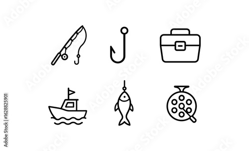 Fishing outline icons: equipment, boat, and fish hook design set