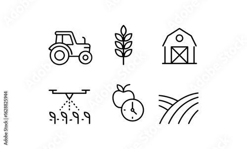 Modern farm icons set featuring tractor, crop, barn, irrigation, apple, field